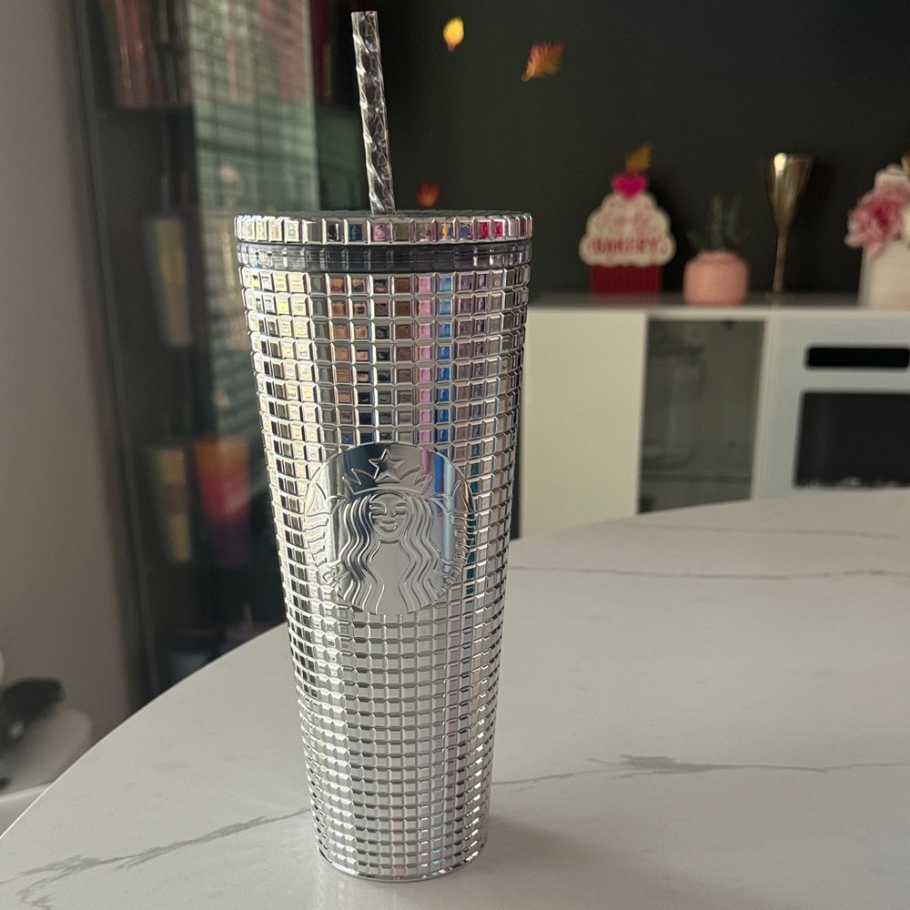 Starbucks Metallic Silver Grid Tumbler